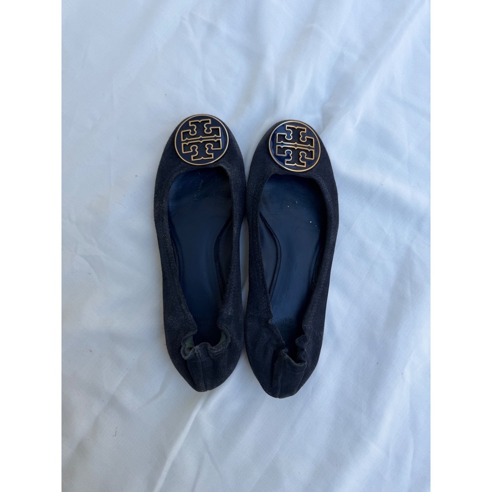 Tory Burch Reva Suede Blue Ballet Flats Gold Logo Women's Size 9.5